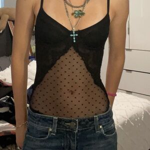 Black Lace Mesh Polka Dot Cami Top